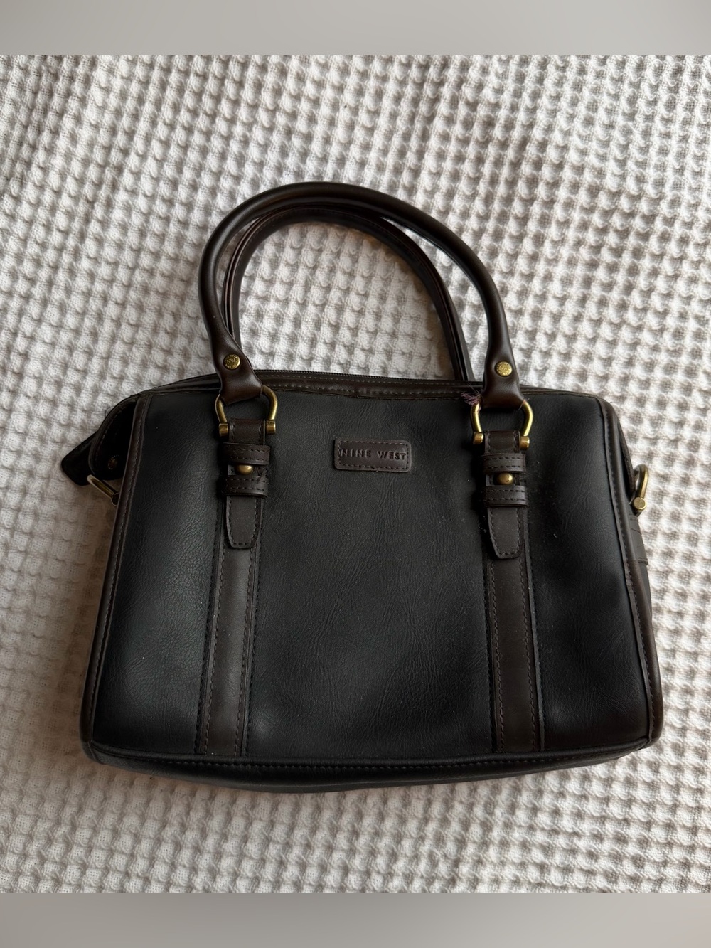 Nine West Black Leather Structured Handbag with Dark Brown Accents